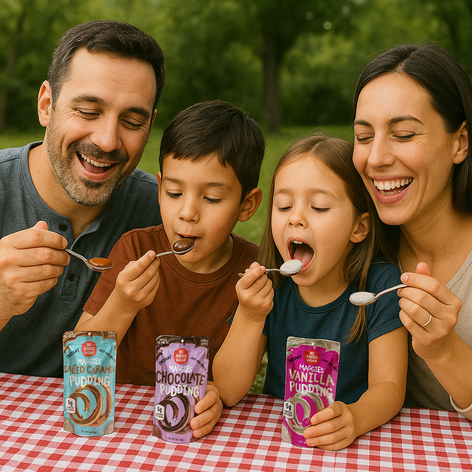 Family of four enjoying Maggies instant pudding at a picnic.